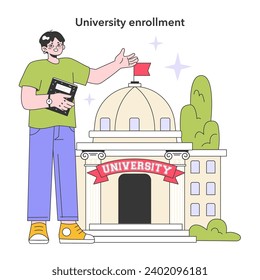 University enrollment. Student standing in front of uni building. Higher academic education. Youth years life milestones. Young male character getting old. Flat vector illustration