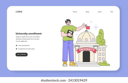 University enrollment web banner or landing page. Student standing in front of uni building. Higher academic education. Youth years life milestones. Flat vector illustration