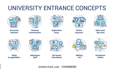 University entrance concept icons set. Academy selection, preparation of documents, exams and admission idea thin line illustrations. Vector isolated outline drawings. Editable stroke