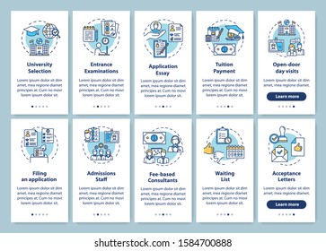 University entrance onboarding mobile app page screen with linear concepts. Open-door visit. Exam, essay. Five walkthrough steps graphic instructions. UX, UI, GUI vector template with illustrations