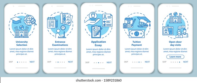 University entrance onboarding mobile app page screen vector template. Tuition payment. Essay, exam. Walkthrough website steps with linear illustrations. UX, UI, GUI smartphone interface concept