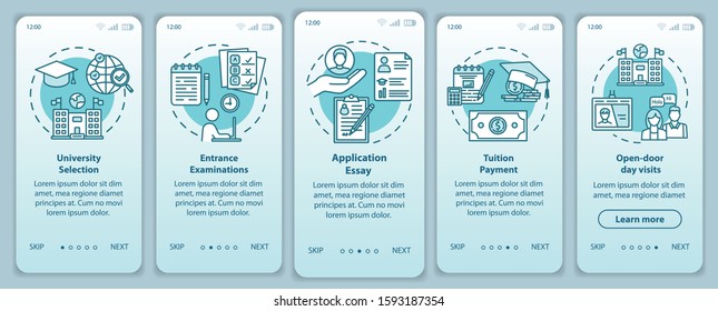 University entrance onboarding mobile app page screen vector template. Tuition payment. Essay, exam. Walkthrough website steps with linear illustrations. UX, UI, GUI smartphone interface concept