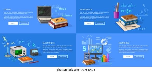 University exact sciences promo posters. Program coding class, mathematics course, electronics lessons and economics lectures vector illustrations.
