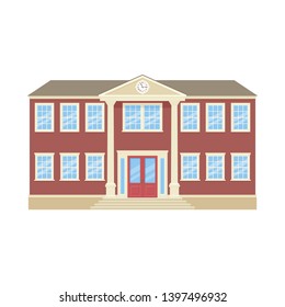 University facade building. Vector. College front view. Education building. High school icon isolated on white background. Cartoon flat illustration. Street architecture.