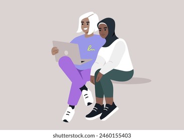 University Friends Sharing a Moment During a Study Break, Two student girls enjoying a relaxed moment with a laptop at college