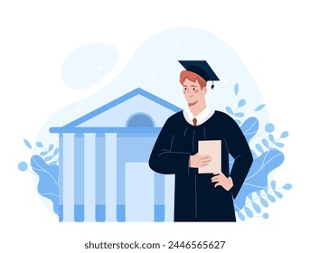 University graduate concept. Man in graduation hat with diploma and certificate. Education, learning and training. Young specialist. Cartoon flat vector illustration isolated on white background