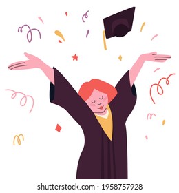 University graduate with a diploma in his hands. Happy girl in the gown and cap of the graduate.
