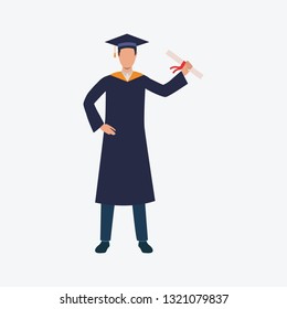 University graduate flat icon. Guy in graduation cap holding diploma. Education concept. Can be used for topics like college, high school, achievement