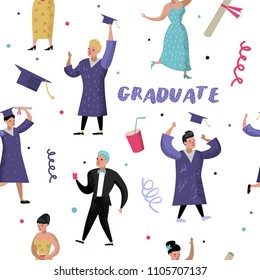 University Graduate Happy Students Seamless Pattern. Graduation and Education Background. College People Characters Celebration. Vector illustration