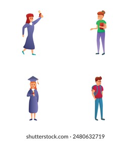 University graduate icons set cartoon vector. Graduate girl and student guy. Higher education, graduation