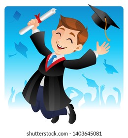 University graduate man jumping happily in graduation ceremony