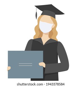 University Graduate In Mask Hold Diploma. Higher Education. Vector Illustration.