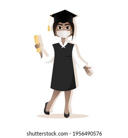 University graduate in medical mask. African American girl celebrating graduation from University.