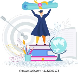 University graduate raised a huge diploma up. Graduation gown. Student party. Cheerful young boy. Flat vector illustration.