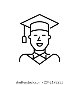 University graduate. Smiling young man in gown and graduation cap. Pixel perfect, editable stroke