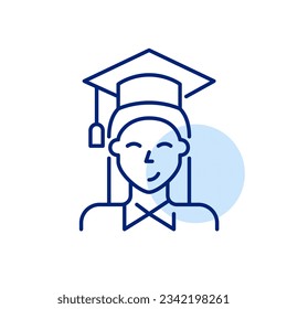 University graduate. Smiling young woman in shirt and graduation cap. Pixel perfect, editable stroke