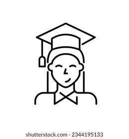 University graduate. Smiling young woman in shirt and graduation cap. Pixel perfect, editable stroke