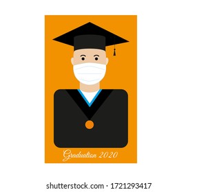 University graduate student in cap and medical face mask. Quarantine 2020 graduation ceremony concept. vector illustration.