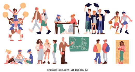 University graduate. Students education. College classmates life. Friends group study. School campus park. Young people walk or talk. Academy library. Teacher at blackboard. Vector happy bachelors set