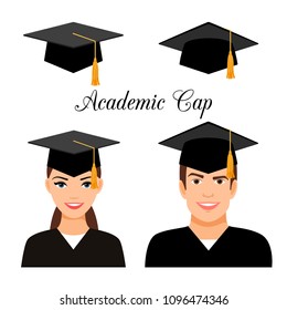 University graduate students. Success graduated boy and girl in academic caps and mantles vector illustration, college graduates isolated on white