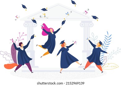University graduates celebrate graduation. Graduation gown. Student party. Cheerful young people. University graduates dance and rejoice. Flat vector illustration.
