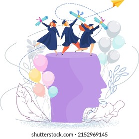 University graduates celebrate graduation. Graduation gown. Student party. Cheerful young people. University graduates dance and rejoice. Flat vector illustration.