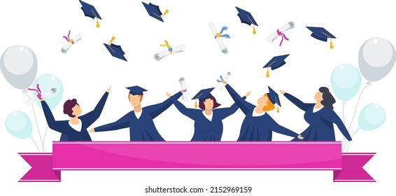 University graduates celebrate graduation. Graduation gown. Student party. Cheerful young people. University graduates dance and rejoice. Flat vector illustration.