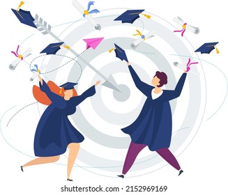 University graduates celebrate graduation. Graduation gown. Student party. Cheerful young people. University graduates dance and rejoice. Flat vector illustration.