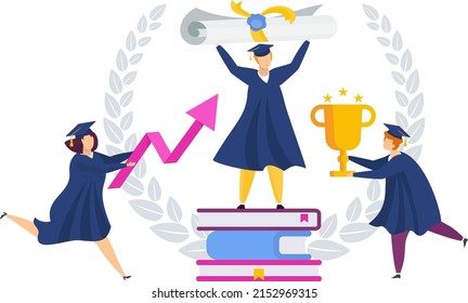 University graduates celebrate graduation. Graduation gown. Student party. Cheerful young people. University graduates dance and rejoice. Flat vector illustration.