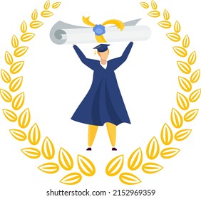 University graduates celebrate graduation. Graduation gown. Student party. Cheerful young boy, laurel wreath. University graduates dance and rejoice. Flat vector illustration.
