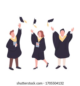 University graduates flat color vector faceless characters set. Happy students throwing bachelor caps in air isolated cartoon illustrations on white background. People celebrating college end