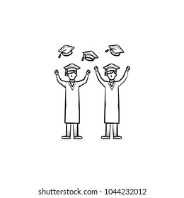 University graduates hand drawn outline doodle icon. Graduates people throwing up graduation caps vector sketch illustration for print, web, mobile and infographics isolated on white background.