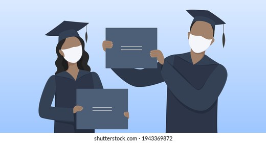 University graduates in masks hold diplomas. Vector illustration.