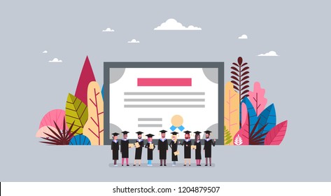 university graduates students group stay together hand hold diploma , success study concept over certificate background flat vector illustration