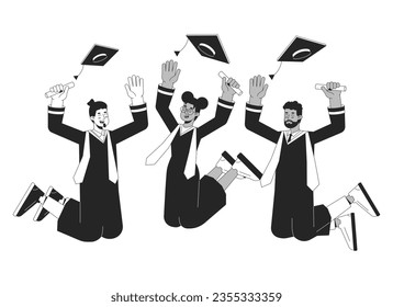 University graduation bw vector spot illustration. Graduates throw college caps 2D cartoon flat line monochromatic characters for web UI design. Masters students editable isolated outline hero image