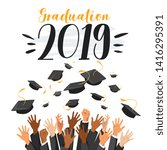 University graduation ceremony flat vector web banner template. 2019 class commencement. Higher education, bachelor, master degree. Students throwing mortar boards in air tradition poster layout