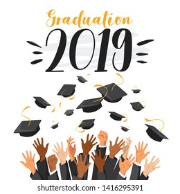 University graduation ceremony flat vector web banner template. 2019 class commencement. Higher education, bachelor, master degree. Students throwing mortar boards in air tradition poster layout