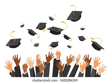 University graduation ceremony flat vector illustration. Higher education, bachelor, master degree. Students throwing mortar boards in air isolated clipart. College, school commencement