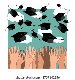 University graduation ceremony flat vector illustration. Higher education, bachelor, phd, master degree. Multicultural students throwing mortar boards isolated clipart. International college grad