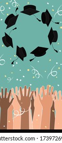 University graduation ceremony or party flat vector card. Higher education, bachelor, phd, master degree. Multicultural students throwing mortar boards isolated clipart. International college grad