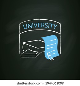 University graduation chalk icon. Successful training completion. Books and graduate hat. Diploma.Masters degree. Graduation concept. Isolated vector illustration on chalkboard
