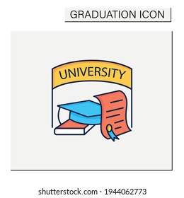 University graduation color icon. Successful training completion. Books and graduate hat. Diploma.Masters degree. Graduation concept.Isolated vector illustration
