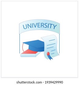University graduation flat icon. Successful training completion. Books and graduate hat. Diploma.Masters degree. Graduation concept.3d vector illustration