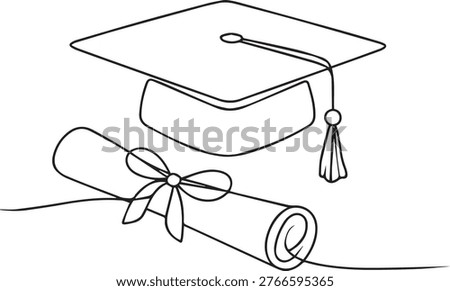 University Graduation Hat and Diploma Scroll Ceremony Line Art