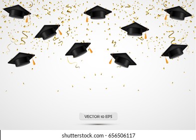 University Graduation hats with confetti. Celebration background. Vector illustration.