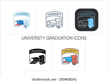 University graduation icons set. Successful training completion. Books and graduate hat. Diploma.Masters degree.Collection of icons in linear, filled, color styles.Isolated vector illustrations 