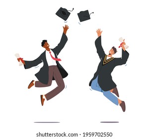 University Graduation, Male Characters in Graduation Gown Holding Diploma Certificate in Hand Throw Up Academical Cap, Celebrating Men Alumnus Laughing and Jumping. Cartoon People Vector Illustration