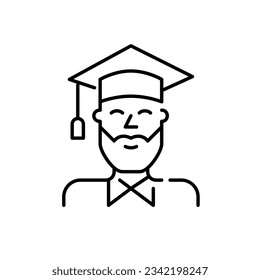 University graduation. Smiling young man with beard wearing mortar board and shirt. Pixel perfect icon