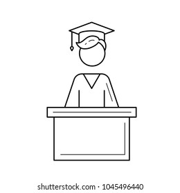 Icono de la línea vectorial de los estudiantes de graduación universitaria aislado en fondo blanco. Estudiante dando un discurso en la graduación del ícono de línea universitaria para infografía, sitio web o aplicación.