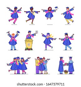 University graduation students line set collection of happy dancing graduates vector illustrations. Different nationalities academic students in graduation gowns and caps with univerity diploma.